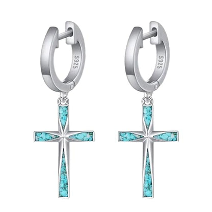 Cross Earrings 925 Sterling Silver Dangle Earring Gifts for Women - style: Hoop Origami Turquoise