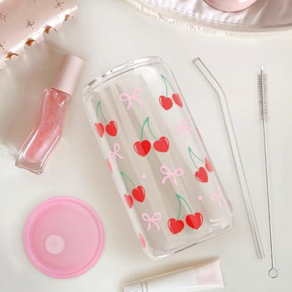 SANDJEST Cherry 16 Oz Can Glass Tumbler with Acrylic Lid and Straw - Iced Coffee Cups for Women, Aesthetic Glass Cup Gift for Birthday Christmas - color: Cherry