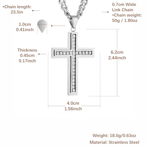 HZMAN Cross Necklace for Men Stainless Steel Cross with Cubic Zirconia Inlay Pendant Necklace with 7mm Cuban Chain 24In - color: Silver