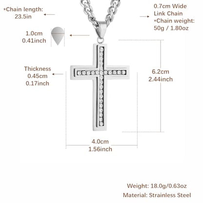 HZMAN Cross Necklace for Men Stainless Steel Cross with Cubic Zirconia Inlay Pendant Necklace with 7mm Cuban Chain 24In - color: Silver
