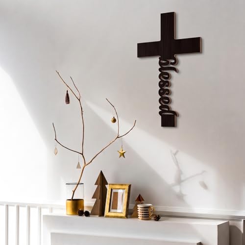 Uflashmi Wooden Cross Wall Decor, Blessed Black Wall Cross, 9.8 Inch - color: Blessed-Black