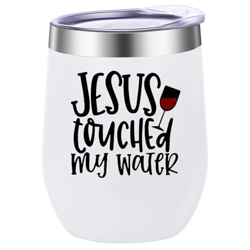 ATHAND 12oz Jesus Touched My Water Stainless Steel Wine Tumbler with Lid - color: Jesus Touched My Water Wine Tumbler-White