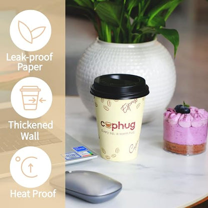 12oz Disposable Coffee Cups with Lids, Kraft Sleeves & Straws, 100 Pack Black Paper Hot Drink Cups - color: Yellow, size: 12oz-100Pack