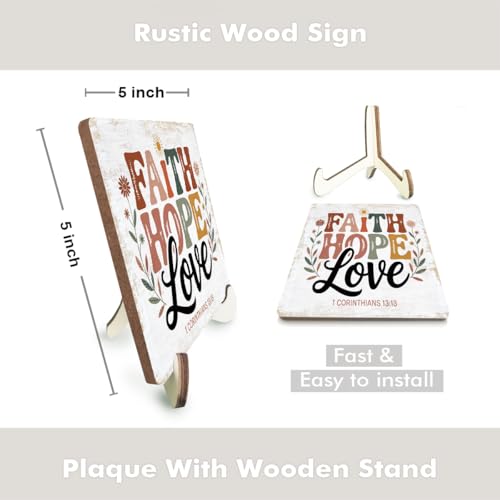 Christian Gifts Desk Decor Rustic Wood Sign, Boho Faith Religious Bible Verse Quotes Decorative Desk Accessories for Home Living Room Decor Office Accessories Bohemian Floral Table Shelf Wooden Sign - color: FaithHopeLove