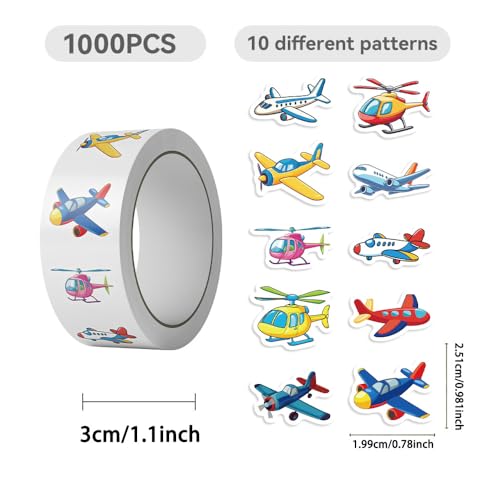 1000 Pieces Airplane Sticker Roll for Kids, 10 Styles Cartoon Stickers - style: Airplane