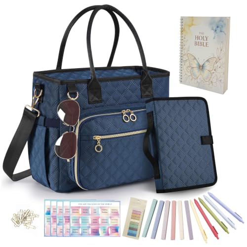 Large Bible Bag with Bible Cover Case for Women, Quilted Church Tote Bag with Bible Study Supplies, Shoulder Strap, Waterproof Material, Easy to Clean, Christian Gift for Bible Lovers - color: Blue