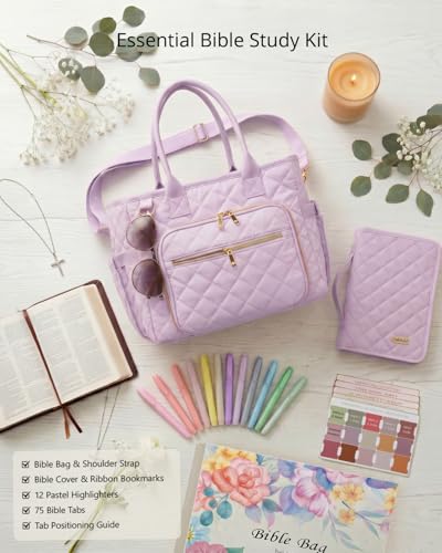 Large Bible Bag with Bible Cover Case for Women, Quilted Bible Tote Bag - color: Light Purple