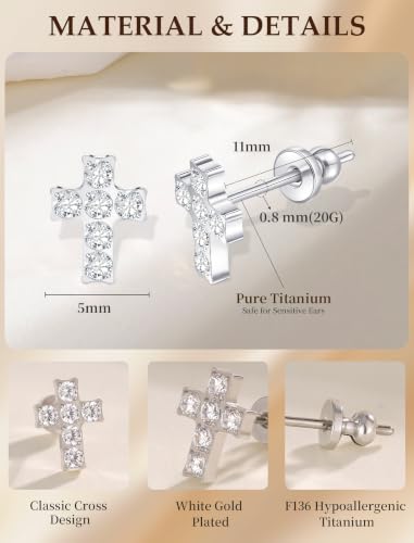 Limerencia Titanium Stud Earrings, Cross Earrings for Sensitive Ears - color: Silver +Butterfly Back with CZ