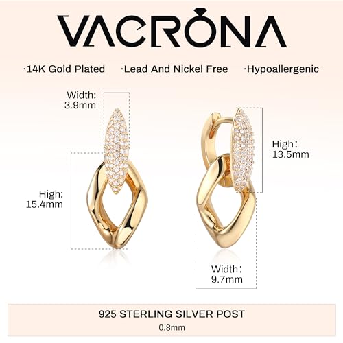 VACRONA Gold Heart Hoop Earrings Huggie Earrings for Women 14k Gold Plated Small Hoops Earrings - color: Chain Dangle-Gold
