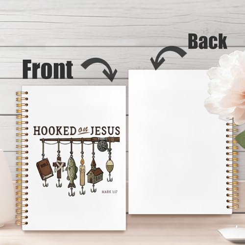 Christian Fishing Spiral Notebook Journal 5.5x8.3in, Faith Journal for Men, Hooked on Jesus Angler Religious Scripture Hardcover Notebook for Church Study Work Office - color: Hooked on Jesus Angler Religious