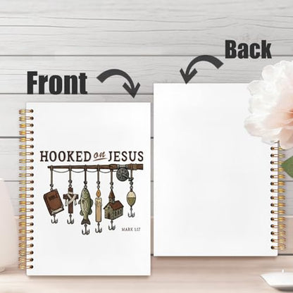 Christian Fishing Spiral Notebook Journal 5.5x8.3in, Faith Journal for Men, Hooked on Jesus Angler Religious Scripture Hardcover Notebook for Church Study Work Office - color: Hooked on Jesus Angler Religious