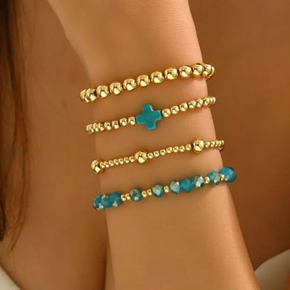 Colorful Cross Charm Bracelets for Women Men Adjustable Gold Plated Beaded Bracelet Boho Bead Ball Stretch Bracelet Birthday Summer Beach Jewelry - color: Blue