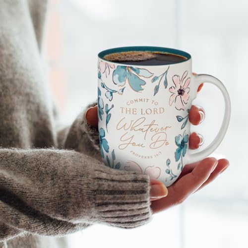 Christian Art Gifts Large Ceramic Coffee & Tea Scripture Mug for Women - color: Teal & Pink Floral/Commit to the Lord