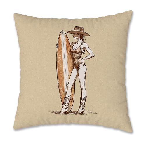 Beach Surf Western Cowgirl Pillow Cover 18x18, Coastal Cowgirl Room Decor, Retro Summer Surfboard Beachy Decorative Pillow Cover Pillowcase for Home Bedroom Living Room Beach House - color: Western Cowgirls-14