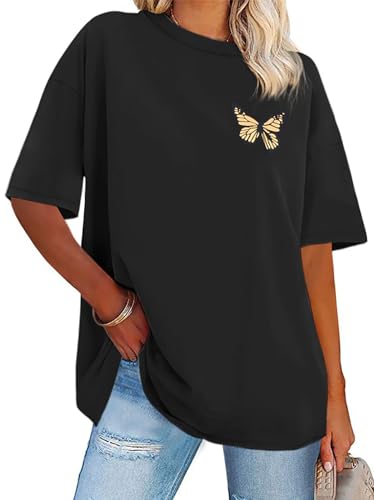 Womens Oversized Tshirt Graphic Tees Crew Neck Summer Short Sleeve Tops - color: A-butterfly Print Black, size: Large