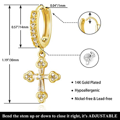 KissYan 14K Gold Plated Huggie Earrings for Women, S925 Sterling Silver Small CZ Cross Hoop Dangle Drop Earrings, Hypoallergenic Dainty Handmade Jewelry - style: Cross