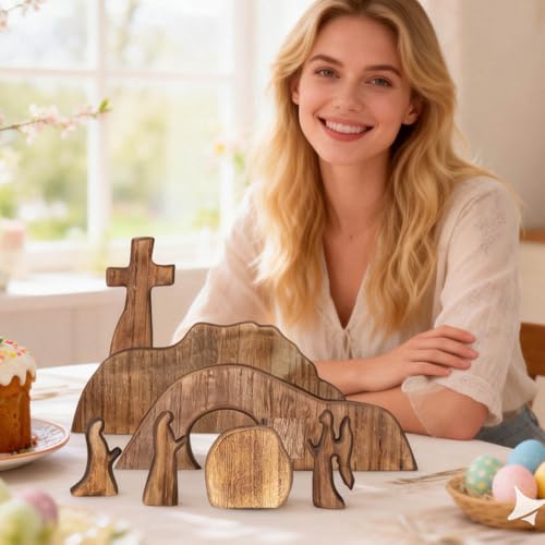 Empty Tomb Easter Scene Decoration – Handmade Wooden Resurrection Cross Set with Figures & Stone, Religious Easter Tabletop Centerpiece for Home, Christian Faith Décor, Spring