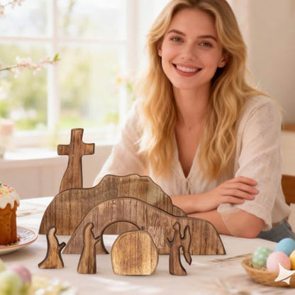 Empty Tomb Easter Scene Decoration – Handmade Wooden Resurrection Cross Set with Figures & Stone, Religious Easter Tabletop Centerpiece for Home, Christian Faith Décor, Spring