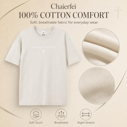 Christian Jesus Saves Cross T Shirt Subtle Minimal Religious Faith Tee Bible Verse Scripture Christian Clothing Unisex - color: Beige, size: Small