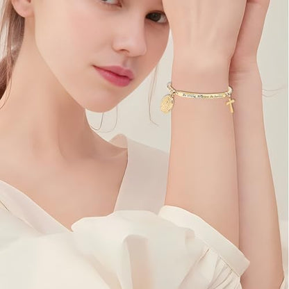 DS Women Christian Charm Bracelet,Cross Scripture Stainless Steel Jewelry - style: Be strong,Be brave,Be fearless.You are never alone-Gold