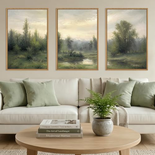 ANHUIB Abstract Monet Forest Canvas Wall Art 16x24 Inch Framed Sage Green Nature Painting Textured Neutral Woodland Landscape Artwork Prints Set of 3 Impressionist Pine Tree River Print for Living Room Bedroom Office - color: Abstract Monet Forest, size: