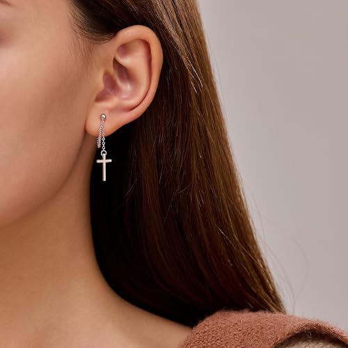 925 Sterling Silver CZ Moon Cross Heart Teardrop Chain Earrings for Women - color: Cross-Silver