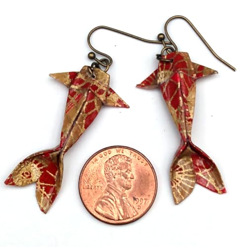 Paper Origami Koi Fish Earrings, 6 Color Patterns - color: Brass, Red