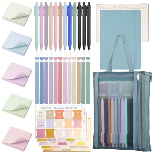 Bible Study Supplies,Bible Journaling Kit,Bible Study Kit with Journal,12 No Bleed Highlighters,12 Gel Pens,75Tabs, 400 Sticky Notes,Christian Gifts for Women Men (Blue) - color: Blue