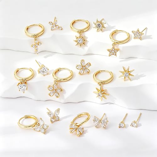 SHERLOVE Gold Earring Stacks Women 3Pairs Dangle Stud Huggie Hoop Set - color: 3 Pairs-Cross 01 Stud Gold