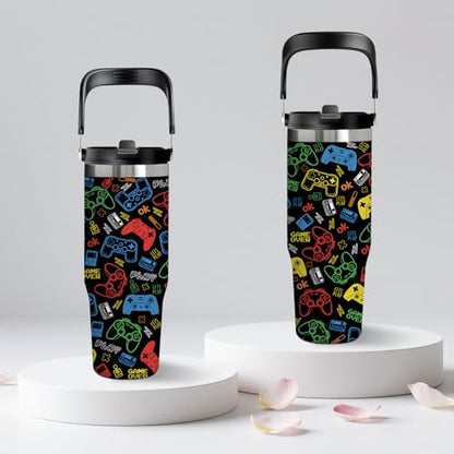 30 oz Game Tumbler with Top Handle & Flip Straw, Gamer Gifts for Boys - color: Game2