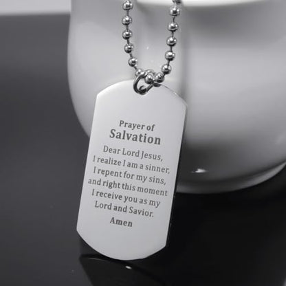 Christian Scripture Religious Dog Tag Necklace,Catholic Bible Verse Baptism Confirmation Sacrament Gifts - style: Prayer of Salvation+JEREMIAH 29:11