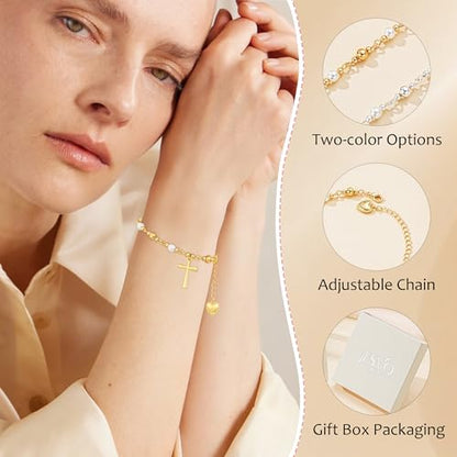 First Communion Confirmation Baptism Godmother Gifts for Teen Girls Women, Catholic Christian Cross Pearl Bracelet - color: Silver, size: ToMyMom