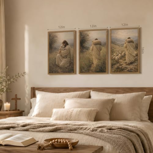 Dynazo Wood Framed Good Shepherd Wall Art Set of 3, Jesus with Lamb Christian Decor, Religious Bible Stories Poster Prints, Inspirational Faith Artwork for Living Room Bedroom Office 12x16 Inch - color: JesusLamb, size: 16"L x 12"W