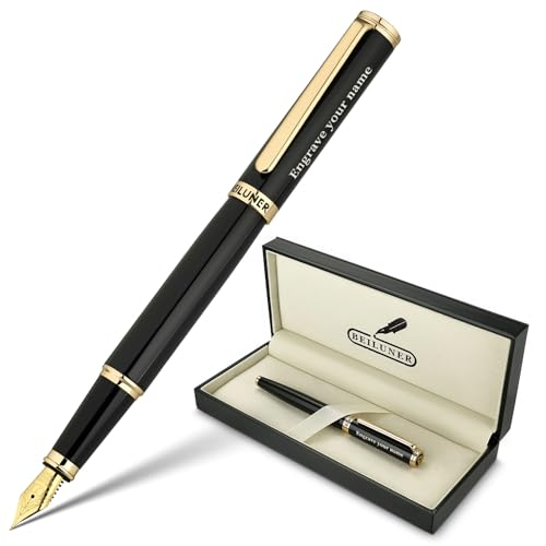 BEILUNER Black Personalized Fountain Pen,Stunning Luxury Lacquer,24K Gilded Nib(Fine),Gorgeous 24K Gold Finish, Ink Converter,Fancy Office Gift for Men&Women-Elegant, Graduation,Nice Pens for Writing - color: ,Black with Gold (Personalized), style: Fine N