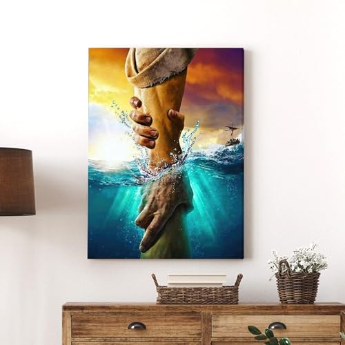 Framed Jesus Christ Canvas Wall Art The Hand of God Jesus Reaching Into Water Christian Painting Prints Biblical Wall Decor Religious Room Decor for Church Prayer Room Schools Hospitals 12" x 16" - color: Jesus 3, size: 16"L x 12"W