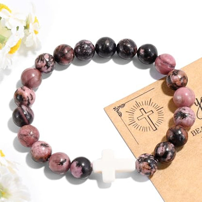 VIBILIA Cross Beaded Bracelets for Women, Birthday Gifts - color: F 1. Cross - Rhodonite