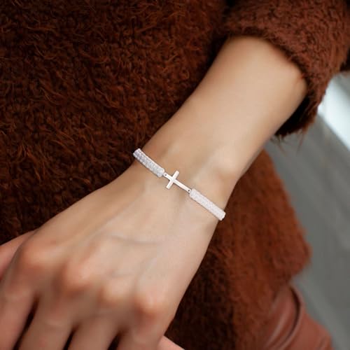 Initial Bracelets for Women Teen Girls Handmade Rope Braided Bracelet for Men Jewelry Birthday Graduation Mother's Day Gifts for Mom Wife Girlfriend Her Friends - style: 9 white-gold cross