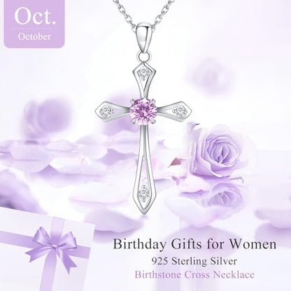 Cross Necklace for Women,925 Sterling Silver Faith Jewerly Gift - color: 10-October-Pink