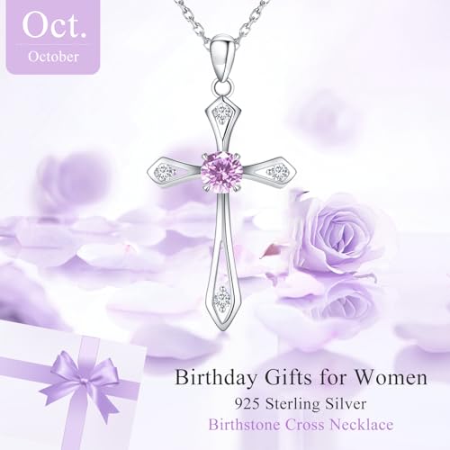 Cross Necklace for Women,925 Sterling Silver Faith Jewerly Gift - color: 10-October-Pink