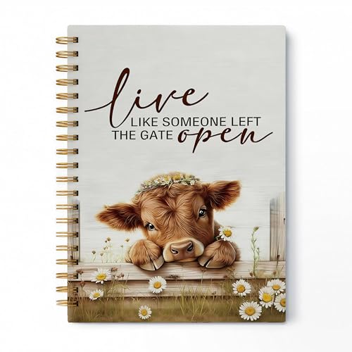 Farmhouse Highland Cow Spiral Notebook, Highland Cow Lover Gifts Journal, Live Like Someone Left the Gate Open Daisy Flower Heifer Hardcover Lined Notebook Journal, 5.5x8.3 Inch - color: pattern-22