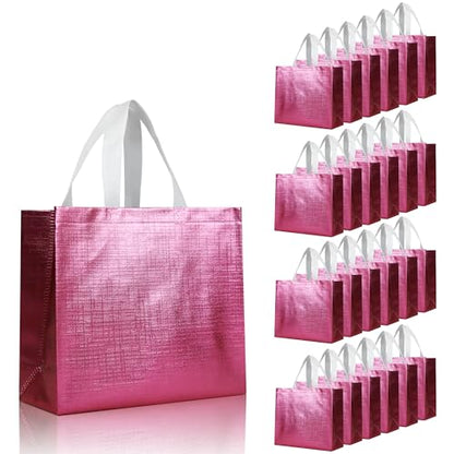 cabzymx Pink Reusable Gift Bags with Metallic Design, 25 Pcs Non-woven Gift Bag Bulk with Handles, Glossy Party Bags for Wrapping Gifts, Birthday, Wedding, Parties, Graduation-12.6x4.7x11 In - color: Pink, size: 1 Count (Pack of 25)