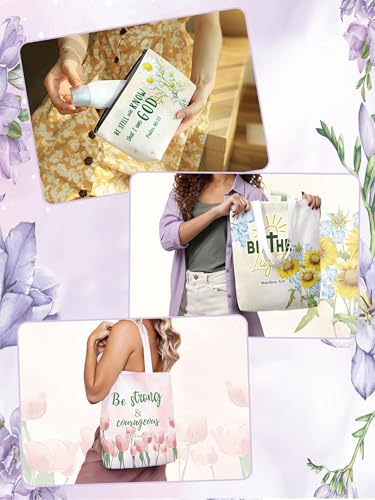 12 Pcs/6 Sets Christian Gifts Bible Verse Canvas Tote Bags and Makeup Bags Thickened Double Sided Bulk Floral Cosmetic Bag Pencil Pouches for Women Inspirational Mothers Day Church Floral Religious