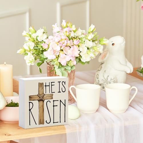Easter Decor, He is Risen Religious Easter Wooden Box Sign, Cross Tiered Tray Decorations, Farmhouse Bunny Table Centerpiece Sign for Party Home Kitchen Dining Table Decor 5x5 - color: 03-Easter-He is Risen