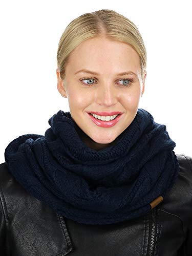 C.C Women's Winter Cable Knit Sherpa Lined Warm Infinity Pullover Scarf - color: Navy