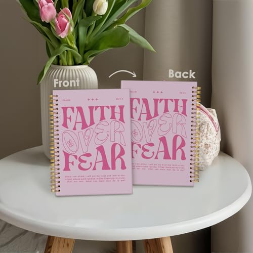 Wheatwin Faith Over Fear Christian Notebook, Bible Journal, Prayer Journal for Women & Men, Church Notes Journal, Scripture Hardcover Spiral Notebook 5.5x8.3 in - Pink - color: Faith over fear - Pink (bible-pink)