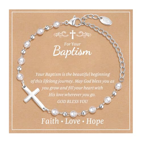 Baby Baptism Cross Bracelet Gift : 18k Gold Plated/Silver Delicate Pearl Cross Bracelets Kids Daughter Granddaughter Birthday First Communion Confirmation Gifts Christian Jewelry for Boys Girls - style: Silver - baptism gift