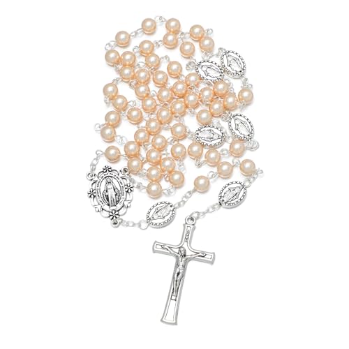 KOMI 6mm Glass Pearl Rosary Beads Catholic for Women with Metal Rosary Box Religious Gifts - style: Virgn Mary-pink