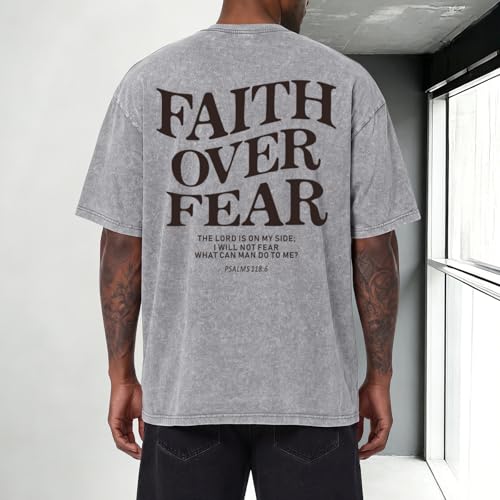 Tuislay Faith Over Fear Shirt Men Jesus Christian Shirts Oversized Graphic Tshirts God Religious Bible Verse T-Shirts Clothes - color: Light Gray, size: Large