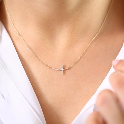 MONOZO Dainty 14K Gold Plated Cross Necklace for Women Jewelry Gifts Trendy - color: Gold - Sideway Diamond Cross