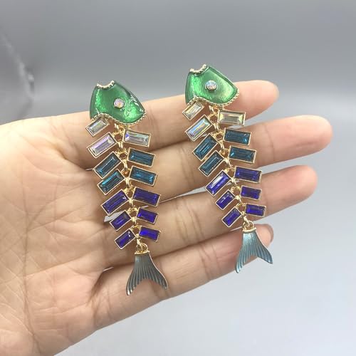 Fish Bone Earrings Drip Oil Animal Earrings Colorful Crystal Sparkly Enamel Earrings Creative Long Fishbone Earstud Dangle Fish Drop Earrings Jewelry for Women - color: Blue